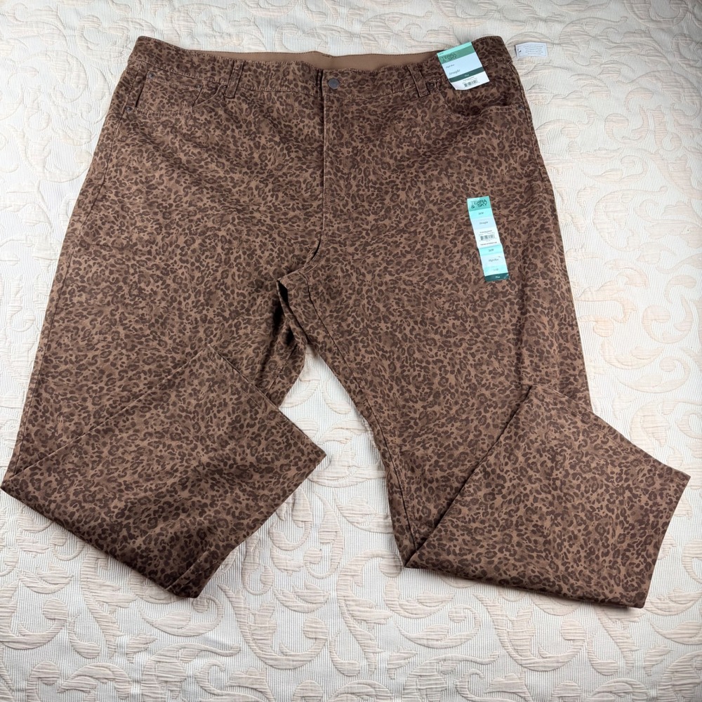 Terra & Sky Women's 26W High Rise Straight Leopard Print Pants Brown Plus Size